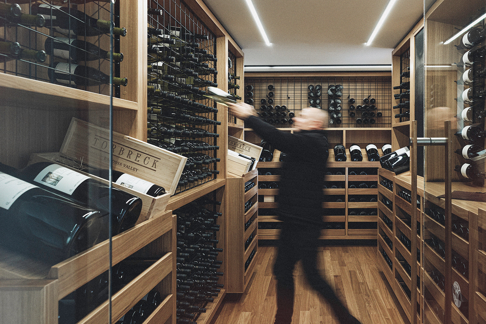 Wine cellar with shelves filled with wine bottles and a person browsing.